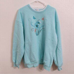 Vintage 90s PFI Double Crewneck Baby Blue Butterfly Floral Flower Womens XL